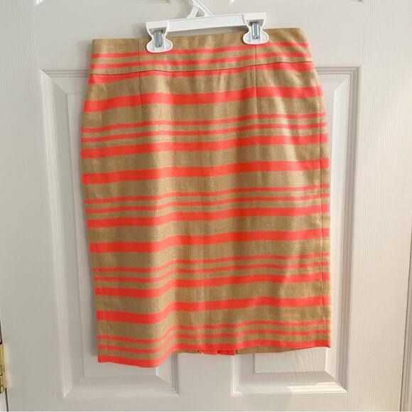 J CREW Define Striped Linen Straight Skirt Size 0 Career Summer Tan Orange - Picture 6 of 12